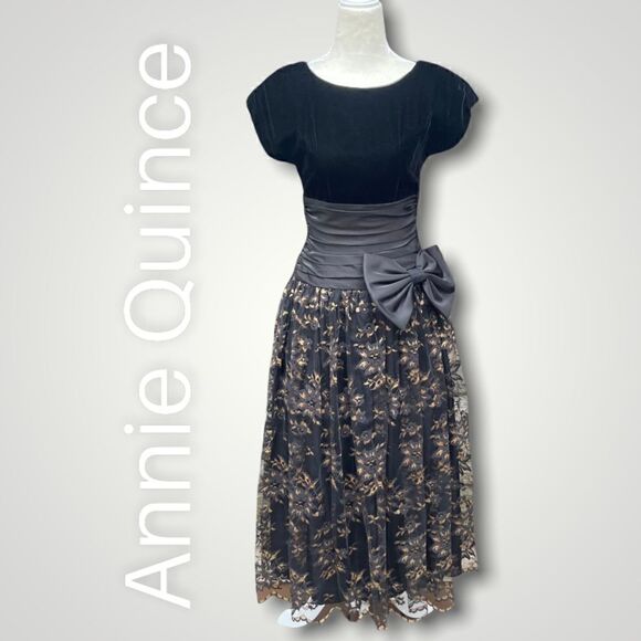 Annie Quince Vintage Velvet Lace Party Dress Tea Length Petticoat Skirt Womens 4 - Picture 1 of 16